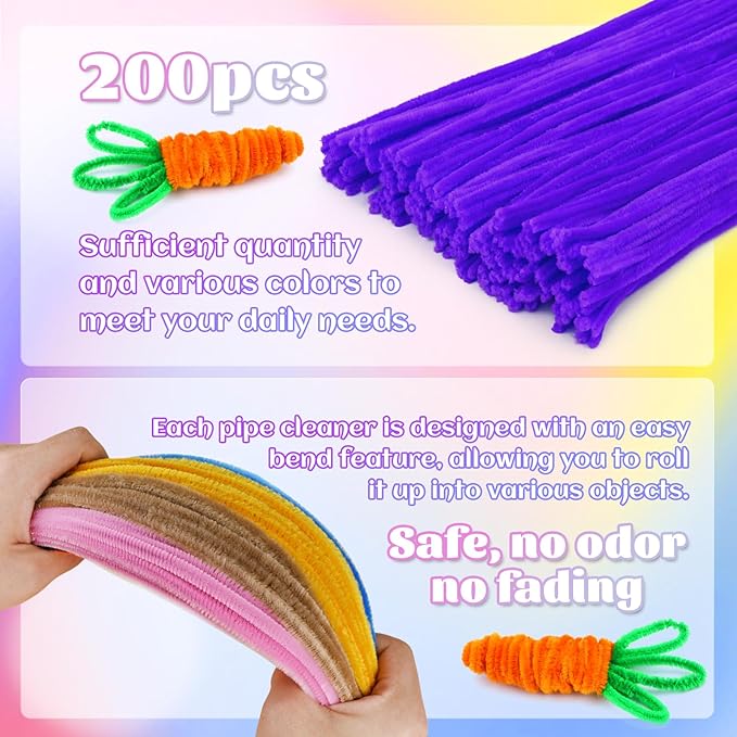 LOKUNN Pipe Cleaners, 200 Pcs Violet Purple Pipe Cleaners Craft Set, Solid Color Chenille Stems, DIY Arts and Crafts with Adhesive Eyes and Storage Box, Christmas Mother's Day, Decoration Art Supplies
