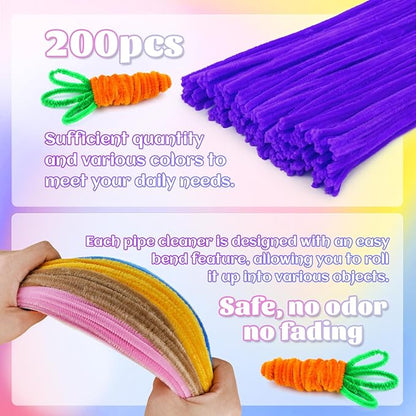 LOKUNN Pipe Cleaners, 200 Pcs Violet Purple Pipe Cleaners Craft Set, Solid Color Chenille Stems, DIY Arts and Crafts with Adhesive Eyes and Storage Box, Christmas Mother's Day, Decoration Art Supplies