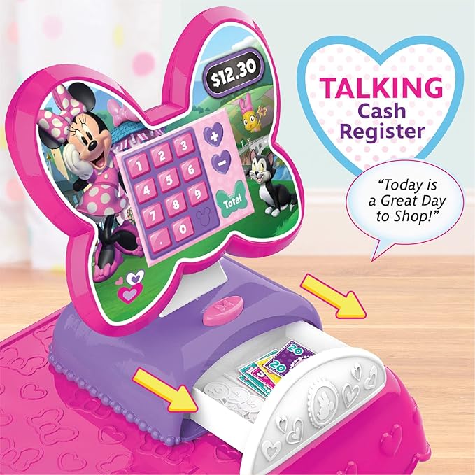 Disney Junior Minnie Mouse Marvelous Market, Pretend Play Cash Register with Realistic Sounds, 38 Play Food Pieces and Accessories, Officially Licensed Kids Toys for Ages 3 Up by Just Play