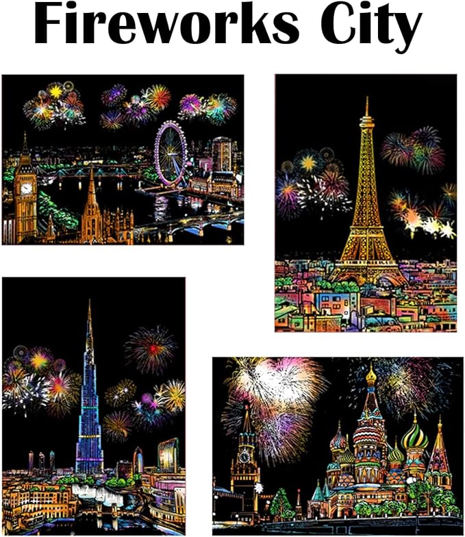 Georgie Porgy Scratch Paper Art A4 Set for Kids Adults Magic Rainbow Scratch Postcards Boards for DIY Arts and Crafts Kits Christmas Birthday Gift with Scratching Tools Kit (Beauty+Fireworks City)