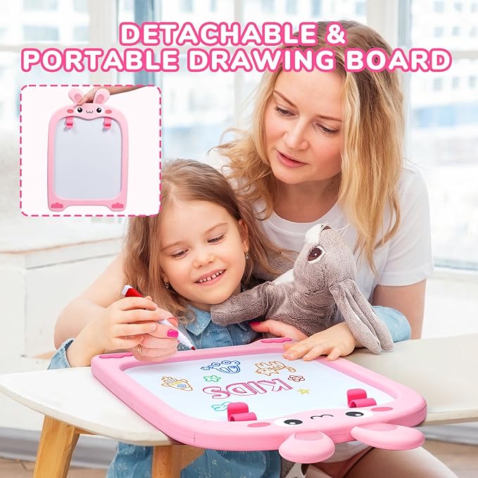 Adjustable Standing Toddler Art Easel with educatinal Accessories for Kid,4-in-1 Double-Side Magnetic Chalkboard&Whiteboard,Dry Eraser Board,Detachable&Portable,Ideal Birthday Gift for2-4,Bunny