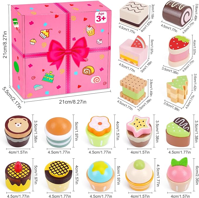 Wooden Cake Toys Tea Set Desserts Sets for Kids, Wooden Pretend Play Toys, Wooden Tea Party Set for Little Girls, Wooden Play Food Set Kitchen Accessories, Baking Gifts for 3 4 5 Years Old Girls Boys