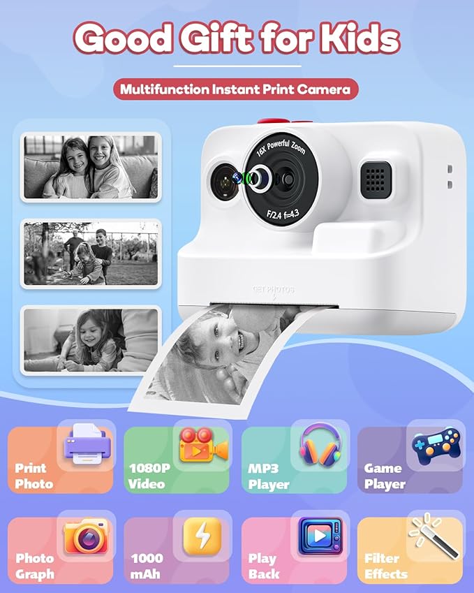 Instant Print Camera for Kids,2.4 Inch Screen Kids Instant Cameras, Christmas Birthday Gifts for Girls Age 3-12, Portable Toddler Toy for 3 4 5 6 7 8 9 10 Year Old Girls Boys White