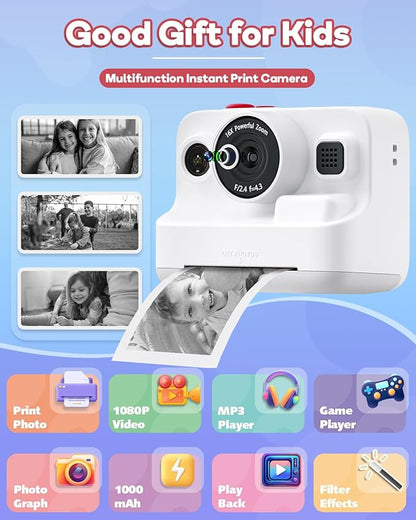 Instant Print Camera for Kids,2.4 Inch Screen Kids Instant Cameras, Christmas Birthday Gifts for Girls Age 3-12, Portable Toddler Toy for 3 4 5 6 7 8 9 10 Year Old Girls Boys White