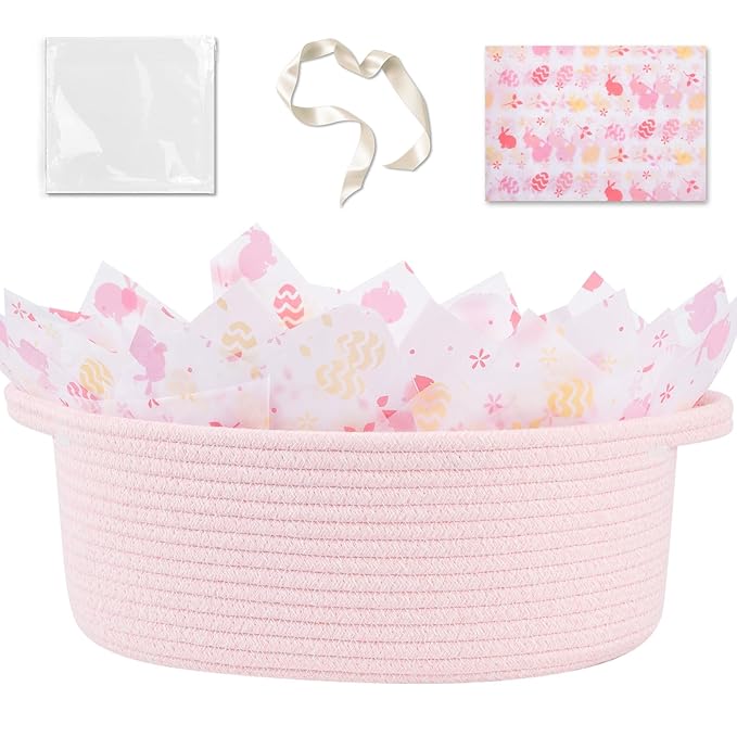 OIAHOMY Gift Basket with Handle, 13.4"x 10"x 5.5" Easter Basket with Gift Bag, Ribbon and Wrap Tissue Paper, Nursery Bins Empty to Fill with Towels, Baby, Pet Toy Organizer - Easter Pink