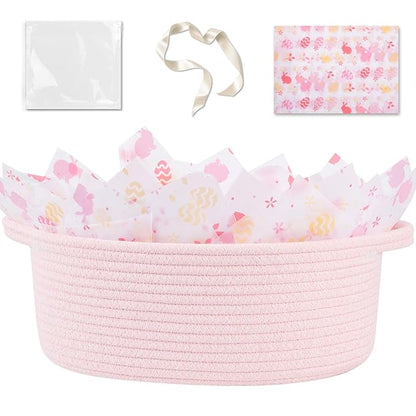 OIAHOMY Gift Basket with Handle, 13.4"x 10"x 5.5" Easter Basket with Gift Bag, Ribbon and Wrap Tissue Paper, Nursery Bins Empty to Fill with Towels, Baby, Pet Toy Organizer - Easter Pink