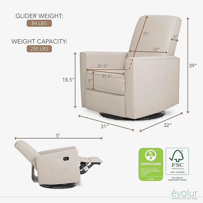 Evolur Raleigh Glider in Light Sand, Upholstered Plush Seating 360° Swivel Glider Rocking Chair, FSC Certified, Greenguard Gold & JPMA Certified Nursery Glider Recliner