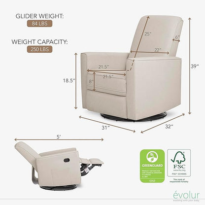 Evolur Raleigh Glider in Light Sand, Upholstered Plush Seating 360° Swivel Glider Rocking Chair, FSC Certified, Greenguard Gold & JPMA Certified Nursery Glider Recliner