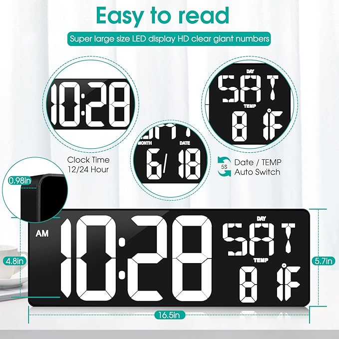 Large Digtal Wall Clock,16.5Inch LED Display Aram Clock with Auto-Dimming,Date,Indoor Temp,UP&Down Timer,12/24H System,Week,for Home Office,Kids, Gym,Classroom,Livingroom. (White)