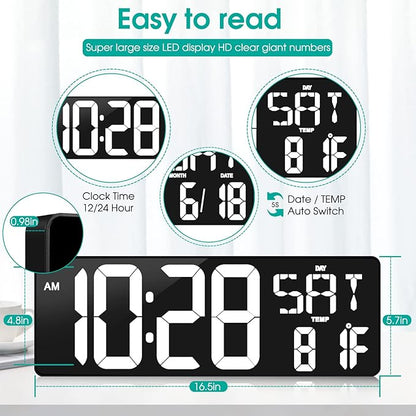 Large Digtal Wall Clock,16.5Inch LED Display Aram Clock with Auto-Dimming,Date,Indoor Temp,UP&Down Timer,12/24H System,Week,for Home Office,Kids, Gym,Classroom,Livingroom. (White)