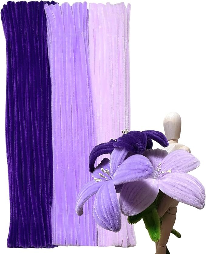 300pcs Purple Pipe Cleaners Bulk - Fluffy Craft Pipe Cleaners for Arts & Crafts, Ideal for Making Flowers, Animals & Decorations (12 x 0.24 inches)