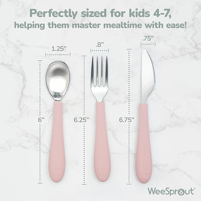 Kids Stainless Steel Utensils Set - Premium 18/8 Grade Silverware Kit - 2 Spoons, 2 Forks, and 2 Knives for Ages 4-7 - Silicone Easy-Grip Handles - Children Flatware Cutlery (Matte - Pink, Off White)