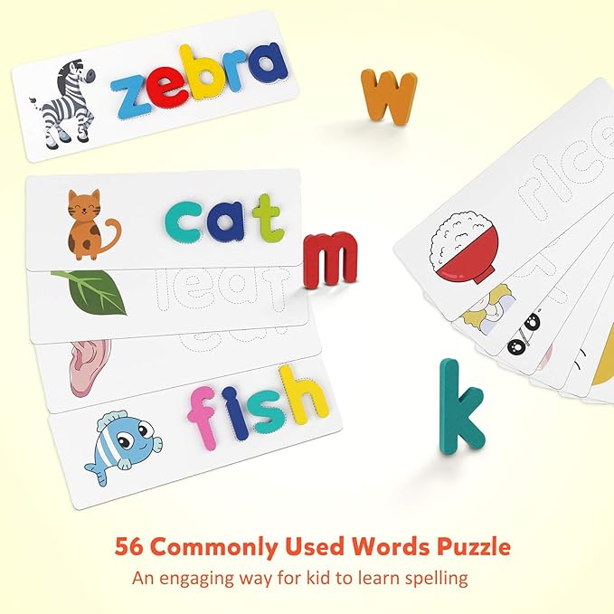 Coogam Reading & Spelling Learning Toy, Wooden Letters Flash Cards Sight Words Matching ABC Alphabet Recognition Game Preschool Educational Tool Set for 3 4 5 Years Old Boys and Girls Kids
