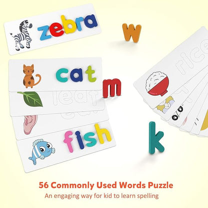 Coogam Reading & Spelling Learning Toy, Wooden Letters Flash Cards Sight Words Matching ABC Alphabet Recognition Game Preschool Educational Tool Set for 3 4 5 Years Old Boys and Girls Kids