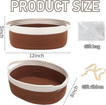 JMvicyroam Woven Basket,Small Rope Storage Bin with Handles & Ribbon Bag, Organizer for Shelves Closets,Gift Basket Empty for Birthday,Books,Dog Toys, White&Brown/2 Pack