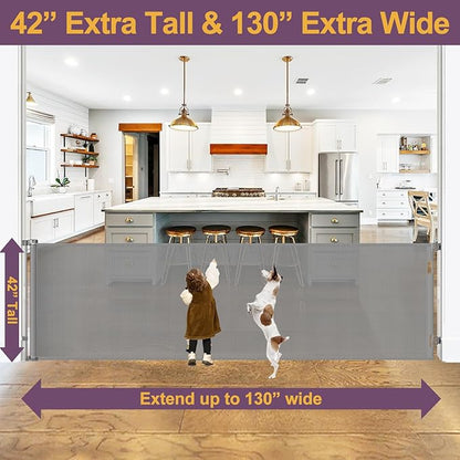 42" Tall X 130" Extra Wide Retractable Dog Gates for Large Openings Extra Tall Pet Gate for Doorways Tall Baby Gates for Dogs Extra Large Mesh Gate Long Outdoor Gate Tall Gate for Kids or Pets, Gray