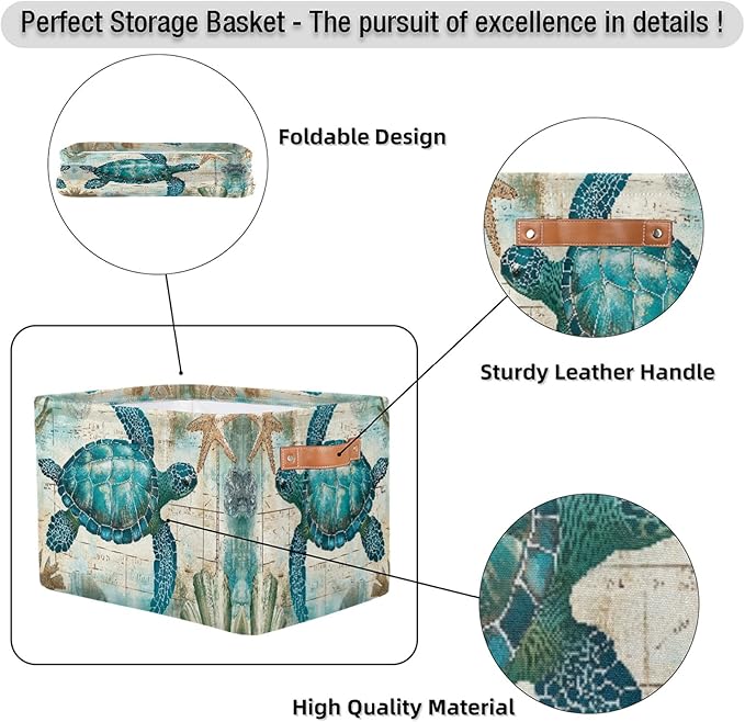 Sea Turtle Retro Map Storage Basket Bin Nautical Ocean Starfish Large Fabric Toys Storage Cube Box with Handles Collapsible Closet Shelf Cloth Organizer Basket for Nursery Bedroom Gift
