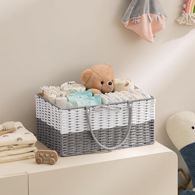 HBlife Baby Diaper Caddy Organizer, Paper Rope Storage Baskets Nursery Bin with Removable Divider, Portable Car Organizer for Diapers, Baby Shower Gifts, Newborn Essentials Must Haves