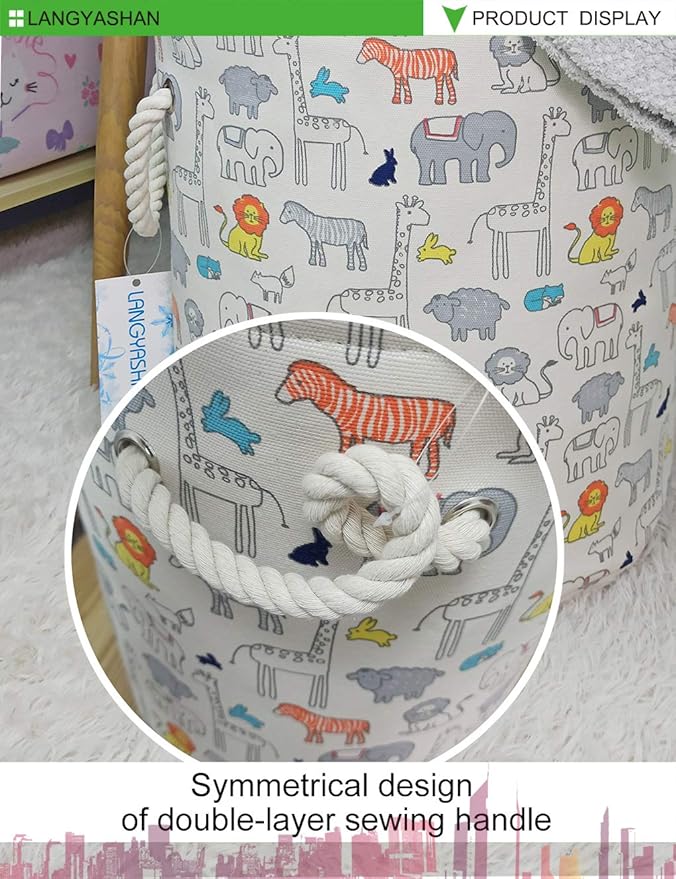 LANGYASHAN Laundry Basket Canvas Collapsible Organizer Storage Basket for Boys Girls Laundry Hamper Toy Bins Gift Baskets Bedroom Clothes Children Nursery (Animal)