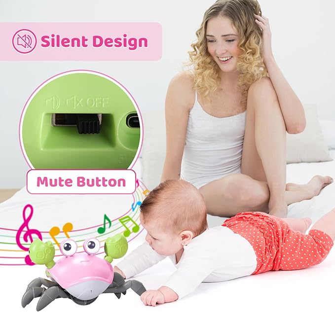 Plnmlls Crawling Crab Baby Toy - Tummy Time Toys - with Music and LED Light,Built-in Rechargeable Battery and Volume Can be Turned Off for 0-6 6-12 12-18 36 Months Walking Toddler Birthday Gift(Pink)
