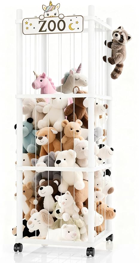 Stuffed Animal Storage Zoo Tower,56In Wooden Large Stuffed Animal Holder Organizer with Wheels,Stuffy Plushies Storage with Elastic Band&Mesh Bottom,Toy Storage Organizers for Playroom Nursery（White）