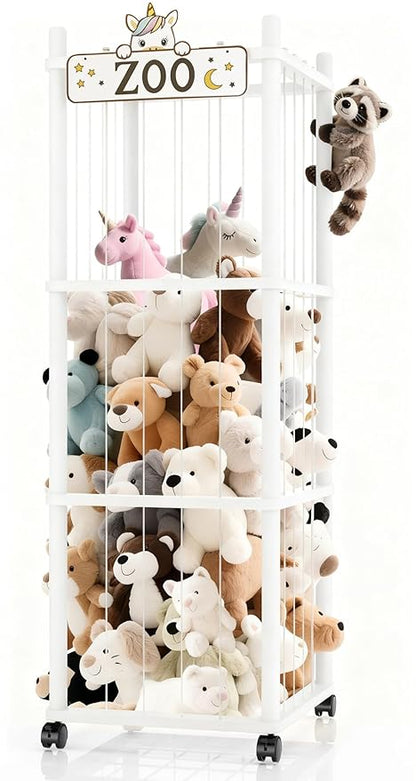 Stuffed Animal Storage Zoo Tower,56In Wooden Large Stuffed Animal Holder Organizer with Wheels,Stuffy Plushies Storage with Elastic Band&Mesh Bottom,Toy Storage Organizers for Playroom Nursery（White）