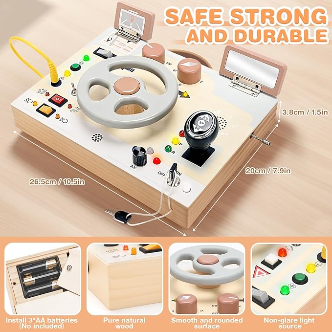 Joyreal Montessori Toddler Busy Board - Montessori Toys for 1 2 3 Years Old, Wooden Sensory Board with LED Lights, Steering Wheel, Music Player, Travel Toys for 1+ Year Old Boy & Girl Birthday Gift