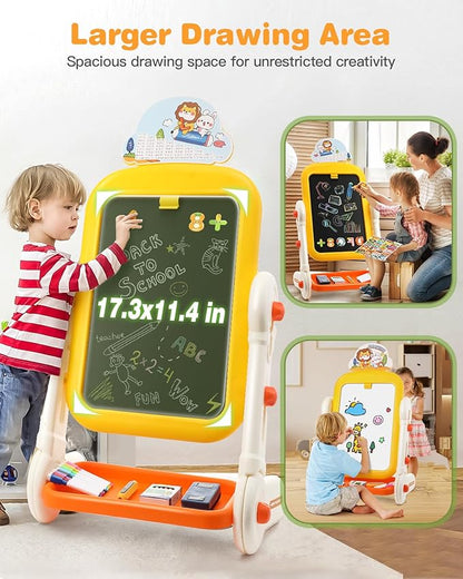 Kids Art Easel for Toddler 3-8, 4 in 1 Standing Rotatable Drawing Board with Painting Accessories, Large Magnetic Child White Board & Chalkboard Learning Educational Toy for Boys Girls Gift with Case