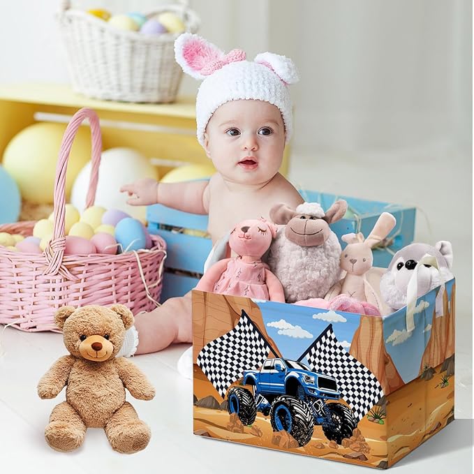 Excavator Foldable Storage Basket with Handle, Waterproof Organizer for Toys and Clothes, Excavator Portable Box for Nursery Game Room, Gifts Container for Boys Girls, Toy Storage Box for Party Decor