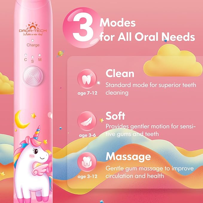 Kids Electric Toothbrush Rechargeable Age 3-5-6-12-18 Year Old, Girls Electric Toothbrush with Timer 3 Modes 4 Vibrating Heads Habit-Forming Stickers 31000VPM Girls Toothbrush (Unicorn Pink)