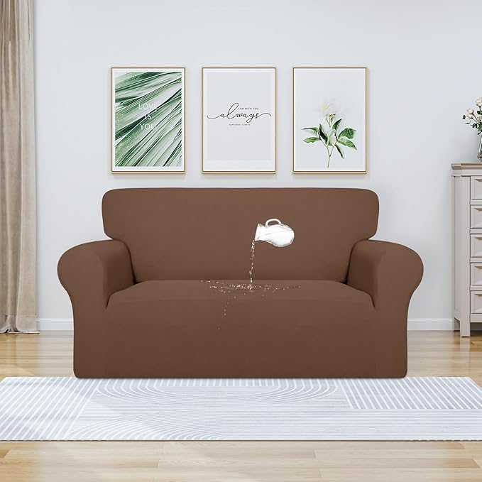 PureFit 100% Dual Waterproof Couch Cover Slipcovers for Couches and Sofas - Stretch Non Slip Fleece Sofa Covers Washable, Leakproof Furniture Protector for Kids, Pets, Dog (Loveseat, Brown)