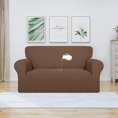 PureFit 100% Dual Waterproof Couch Cover Slipcovers for Couches and Sofas - Stretch Non Slip Fleece Sofa Covers Washable, Leakproof Furniture Protector for Kids, Pets, Dog (Loveseat, Brown)