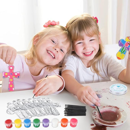 Poen 28 Sets Religious Cross Suncatchers Kits for Kids Ornaments Crafts Flip Flop Window Paint Art DIY Decor for Sunday School VBS Classroom Activities Holiday Party