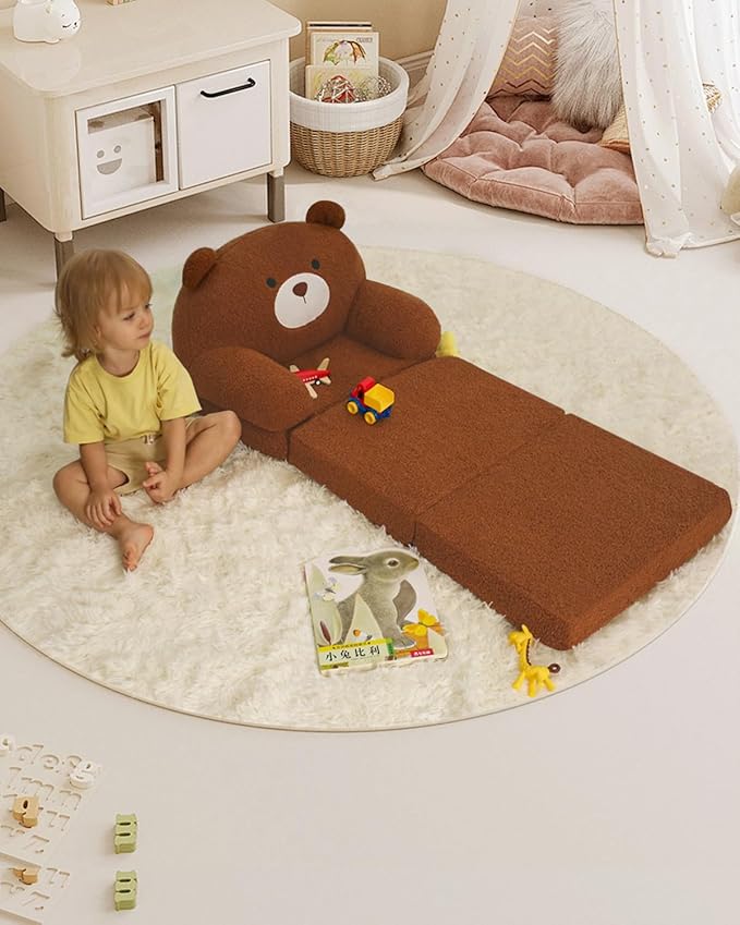 MOONBEEKI Comfy Toddler Chair, Kids Couch Fold Out to Lounger, Foldable Baby Sofa Plush for Girl and Boy Age 18 Months and Up （ Brown Bear）