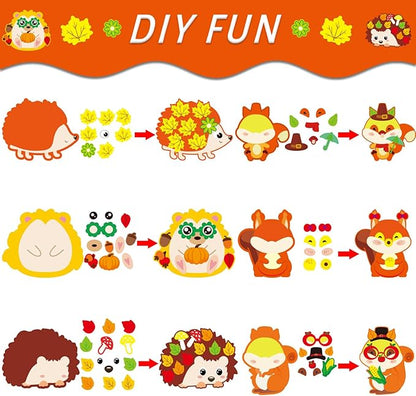 Qyeahkj 36 Sets Fall DIY Art Craft Kits Hedgehog Squirrel Ornaments Art Sets Fall Leaf Stickers Arts and Crafts Bulk for Kids Thanksgiving Classroom Activities Party Decorations