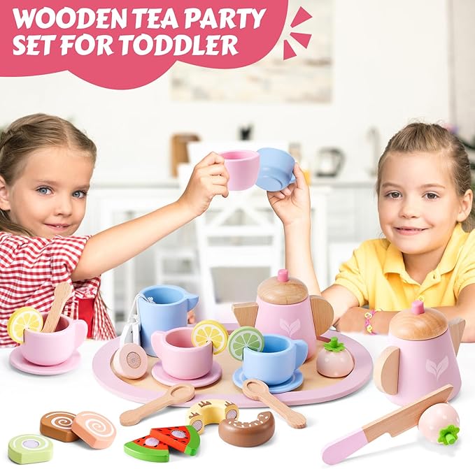 Wooden Tea Party Set, Tea Set for Little Girls 1-3 Toddler Tea Sets for Girls 2-4 with Wooden Toys Food Pretend Play Tea Party Wooden Kitchen Toys Playset Christmas Birthday Gift