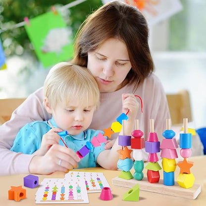 Toddler Montessori Toys Wooden Beads Sequencing Toy Set, Stacking Blocks, Matching Shapes, Lacing Beads, Shape Sorter Toys for 2 3 4 5 Year Old Boys Girls, STEM Preschool Learning Toys Gifts for Kids