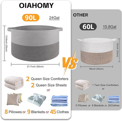 OIAHOMY 90L XXXLarge Blanket Basket for Living Room, 21.7" x 13.8" Woven Cotton Rope Laundry Basket for Organizing Pillows, Decorative Stuffed Animal Toy Storage for Nursery, Lighe Grey and Dark Grey