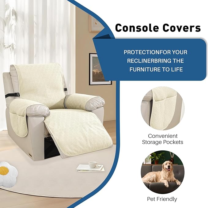 Easehomey Waterproof Large Recliner Chair Cover, Non-Slip Recliner Cover with Two Pockets Elastic Band Slip Covers for Recliners with Arms Washable Reclining Chair Cover for Kids,Pets (Beige, 28")