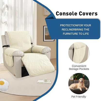 Easehomey Waterproof Large Recliner Chair Cover, Non-Slip Recliner Cover with Two Pockets Elastic Band Slip Covers for Recliners with Arms Washable Reclining Chair Cover for Kids,Pets (Beige, 28")