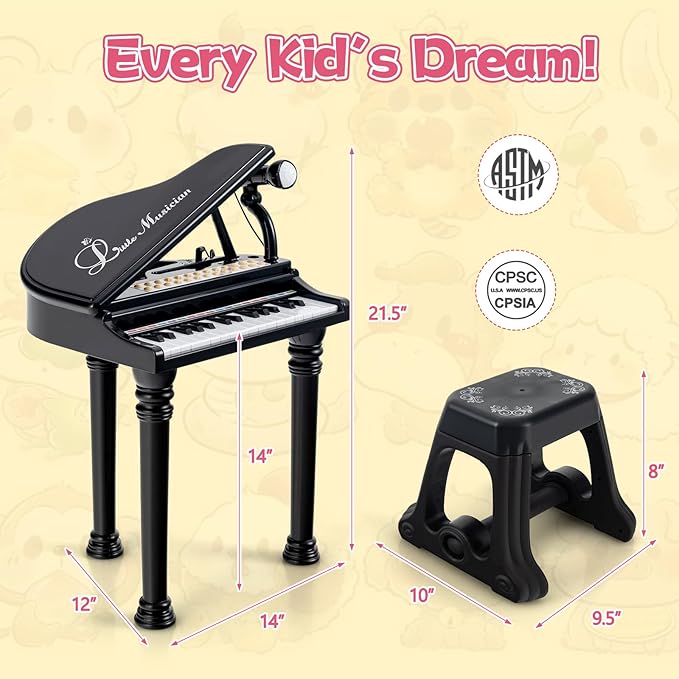 HONEY JOY Classical Kids Piano, 31-Key Toy Mini Grand Piano with Music Stand & Stool, Portable Electronic Educational Musical Instrument Toy w/ Microphone, Lights, Gift for Kids (Black, 31 Keys)