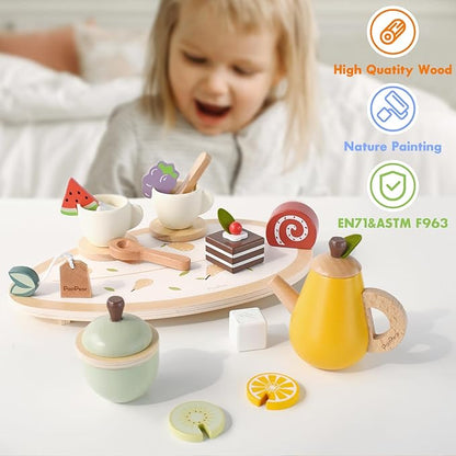 PairPear Wooden Toys Tea Party Set, Toddler Tea Set for Little Girls, Kids Pretend Play Kitchen Accessories, Wooden Play Food Toys Gift for Girls Boys 3 Y+
