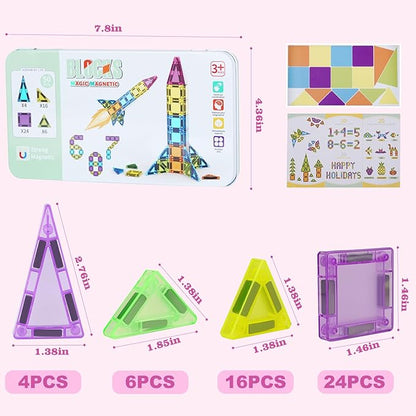 Mini Magnetic Tiles- 50PCS Travel Magnet Tiles with Iron Box, Portable Magnetic Block for Kids Ages 3+, STEM Sensory Creativity Travel Toys, Gifts for Children's Day Kids with Autism Boys & Girls