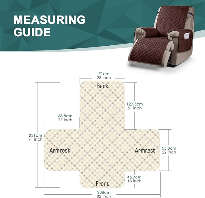 Ruaozz 100% Waterproof Recliner Chair Cover Non-Slip Oversized Reclining Cover for Large Recliner Chair Washable Chair Seat Cover with Elastic Straps for Kids, Dogs, Pets (Coffee, 28'')