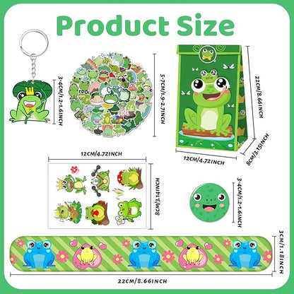 110 PCS Frog Party Favors, Frog Temporary Tattoos Slap Bracelets Keychains Stickers Badges Gift Bags for Frog Birthday Party Decorations Supplies Gifts for Kids Classroom Rewards Baby Shower