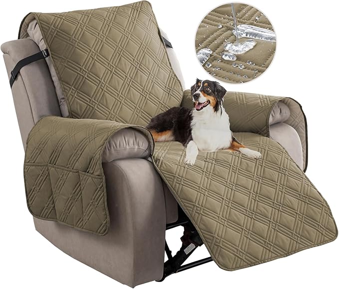 Easehomey 100% Waterproof Recliner Chair Covers, Non Slip Oversized Reclining Cover, Cover Furniture Protector Washable Chair Cover with Pocket,Elastic Straps for Kids,Pets,Dogs(Khaki,28")