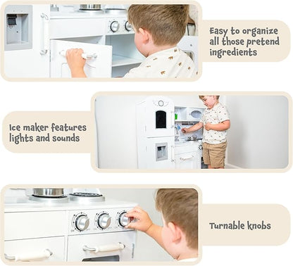 Sunnydaze Chef Sounds Interactive Play Kitchen for Kids - Wooden Kitchen Playset with Lights, Sounds, and Accessories - White