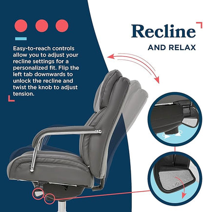 La-Z-Boy Sutherland Quilted Leather Executive Office Chair with Padded Arms, High Back Ergonomic Desk Chair with Lumbar Support, Grey Bonded Leather