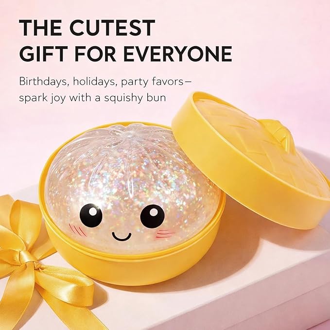 Glitter Dumpling Squishy, 2026 New Bun Squeeze Stress Relief Ball with Steamer Box for Stress Relief, More Surprises (White)
