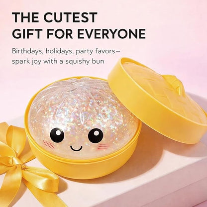 Glitter Dumpling Squishy, 2026 New Bun Squeeze Stress Relief Ball with Steamer Box for Stress Relief, More Surprises (Blue)